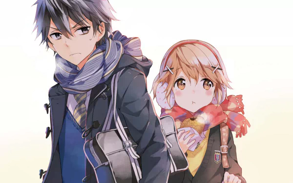 HD PC wallpaper featuring Kojuro Shuri and Masamune Makabe from the anime Masamune-kun's Revenge, showcasing their winter attire and distinct expressions.