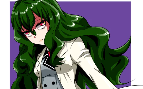 Hyouka Fuwa from Shimoneta: anime portrait with flowing green hair, red eyes and white jacket on a purple background — HD PC desktop wallpaper and background.