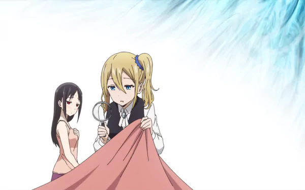 HD PC desktop wallpaper featuring Kaguya Shinomiya and Ai Hayasaka from the anime Kaguya-sama: Love is War, with a bright, airy background and expressive character poses.