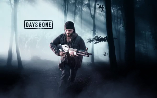 Deacon St. John from the video game Days Gone navigates a misty forest, gripping his weapon, in this striking 4K Ultra HD wallpaper. A blend of tension and atmospheric beauty.