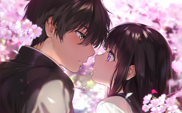 Anime HD wallpaper featuring Eru Chitanda and Hōtarō Oreki from Hyouka, with a backdrop of blossoming cherry trees. The two characters gaze at each other intimately.