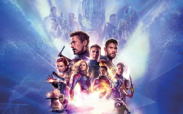 HD desktop wallpaper featuring prominent characters from Avengers: Endgame, set against a cosmic background. The ensemble cast is depicted with intense expressions, symbolizing the epic movie's climax.