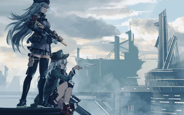 Two characters from the video game Girls Frontline, HK416 and G11, stand on a futuristic platform with a cloudy sky and industrial structures in the background. HD desktop wallpaper.