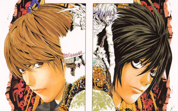 HD anime desktop wallpaper featuring Light Yagami and L, with Rem from Death Note, showcasing intense character portraits from the series.