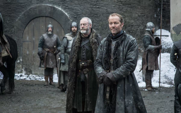 Two veteran officers in furs stand in a snowy courtyard flanked by armored guards — cinematic 5K Ultra HD Game of Thrones PC desktop wallpaper.