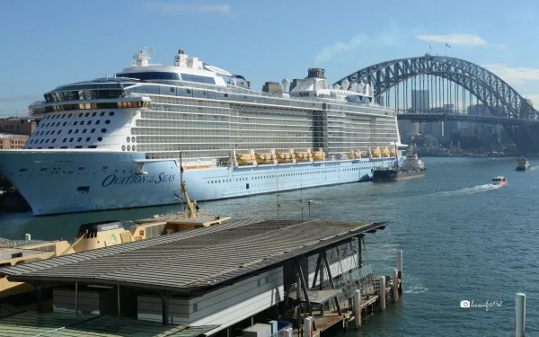 Ovation of the Seas cruise ship docked near Sydney Harbour Bridge in Sydney Harbour, with vehicles and waterfront structures visible under a clear blue sky.