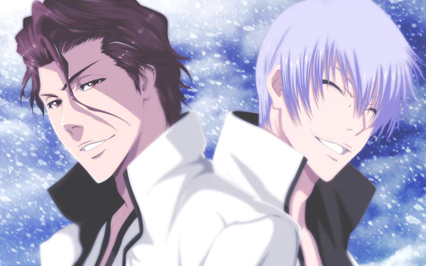 HD anime desktop wallpaper featuring Sōsuke Aizen from Bleach with a snowy blue background, highlighting his confident and enigmatic expressions.