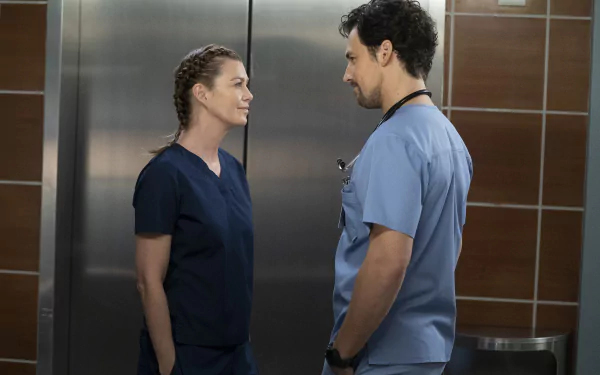 HD desktop wallpaper of two characters from Grey's Anatomy in medical scrubs having a conversation.