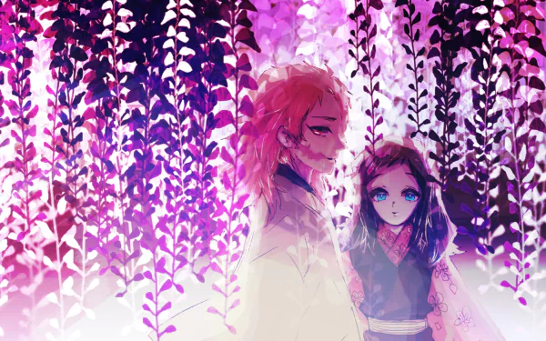 HD PC desktop wallpaper featuring Sabito and Makomo from the anime Demon Slayer: Kimetsu no Yaiba, surrounded by vibrant purple and pink foliage.