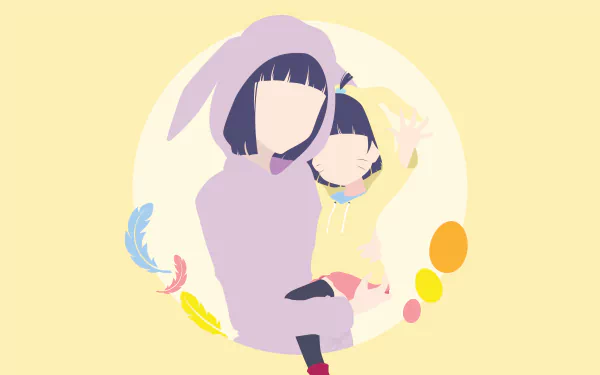 Pastel anime 4K Ultra HD PC desktop wallpaper and background of Hinata Hyuga and daughter Himawari Uzumaki from Boruto cuddling in a circular frame with feathers and bubbles.