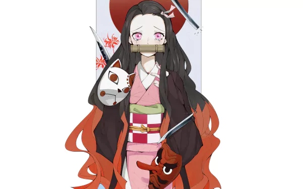 HD desktop wallpaper featuring Nezuko Kamado from Demon Slayer: Kimetsu no Yaiba, depicted with a bamboo muzzle, holding a sword, and accompanied by a small fox mask.