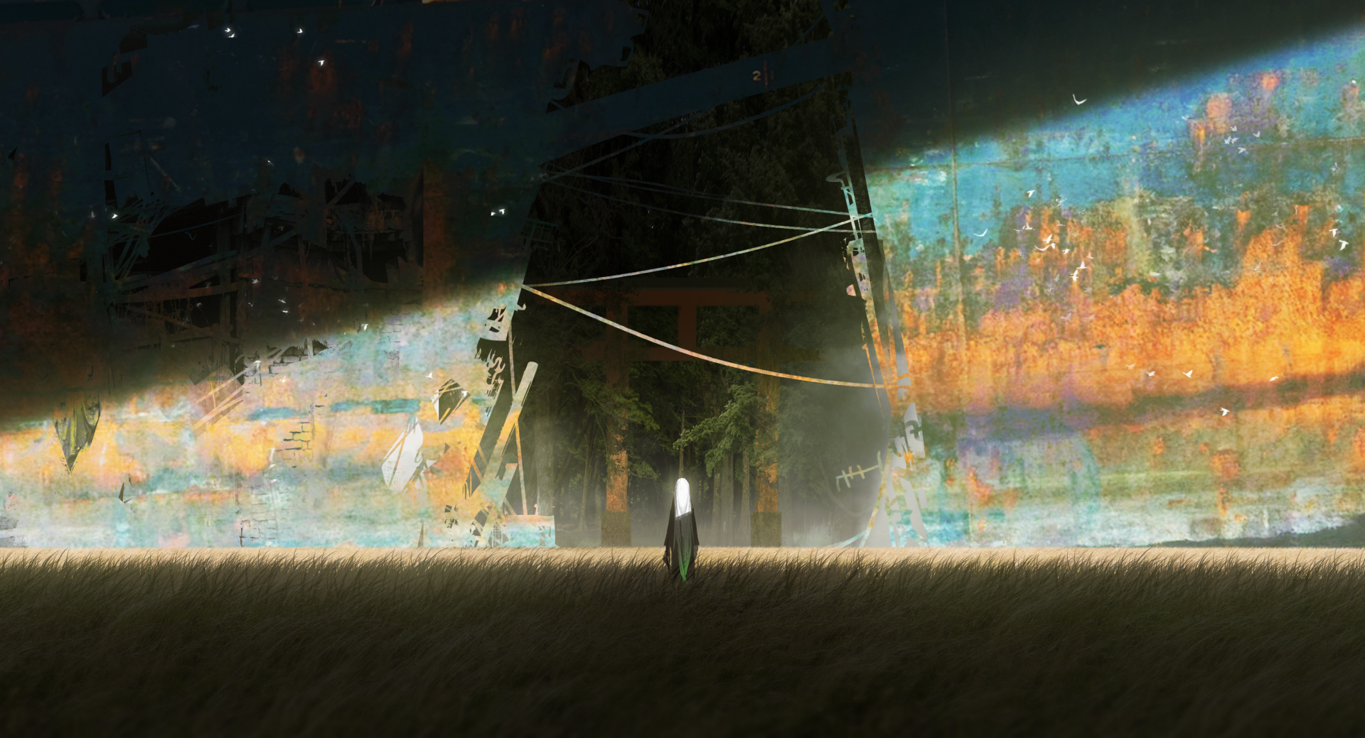 HD anime wallpaper featuring an original scene with a lone character standing in tall grass, illuminated by light breaking through a large, weathered structure, creating a serene and mysterious atmosphere.