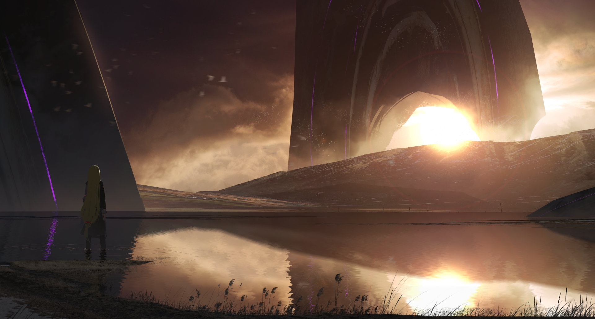 A stunning anime landscape featuring a dramatic sunset, mirrored by tranquil waters, with towering structures silhouetted against the vibrant sky. 4K Ultra HD desktop wallpaper.