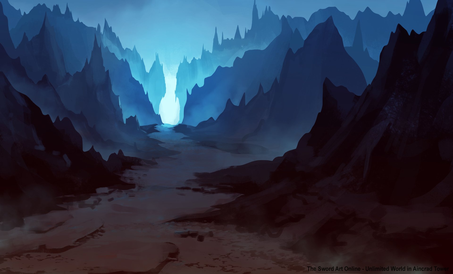 4K Ultra HD fantasy landscape wallpaper featuring a mysterious, glowing blue valley surrounded by jagged dark mountains under a shadowy sky.