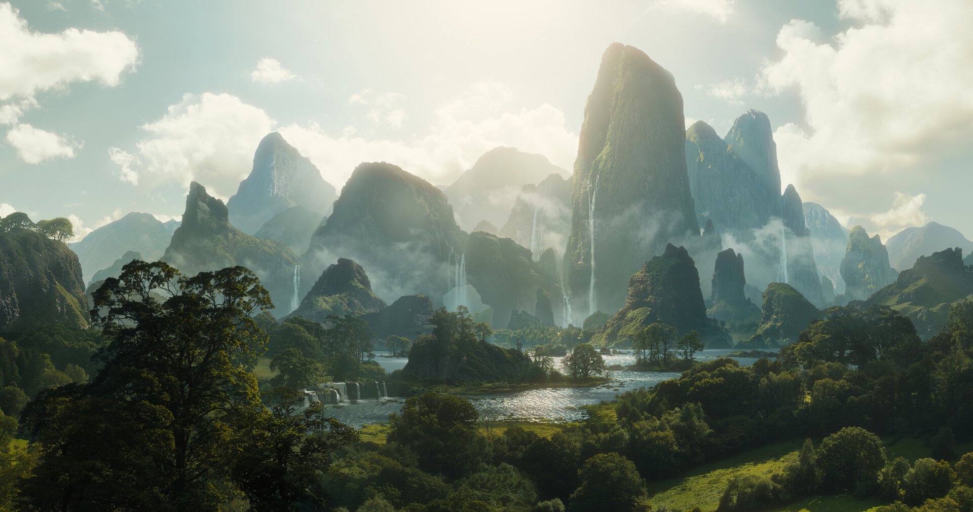 An HD fantasy landscape wallpaper featuring majestic mountains, cascading waterfalls, and lush greenery under a bright sunlit sky.