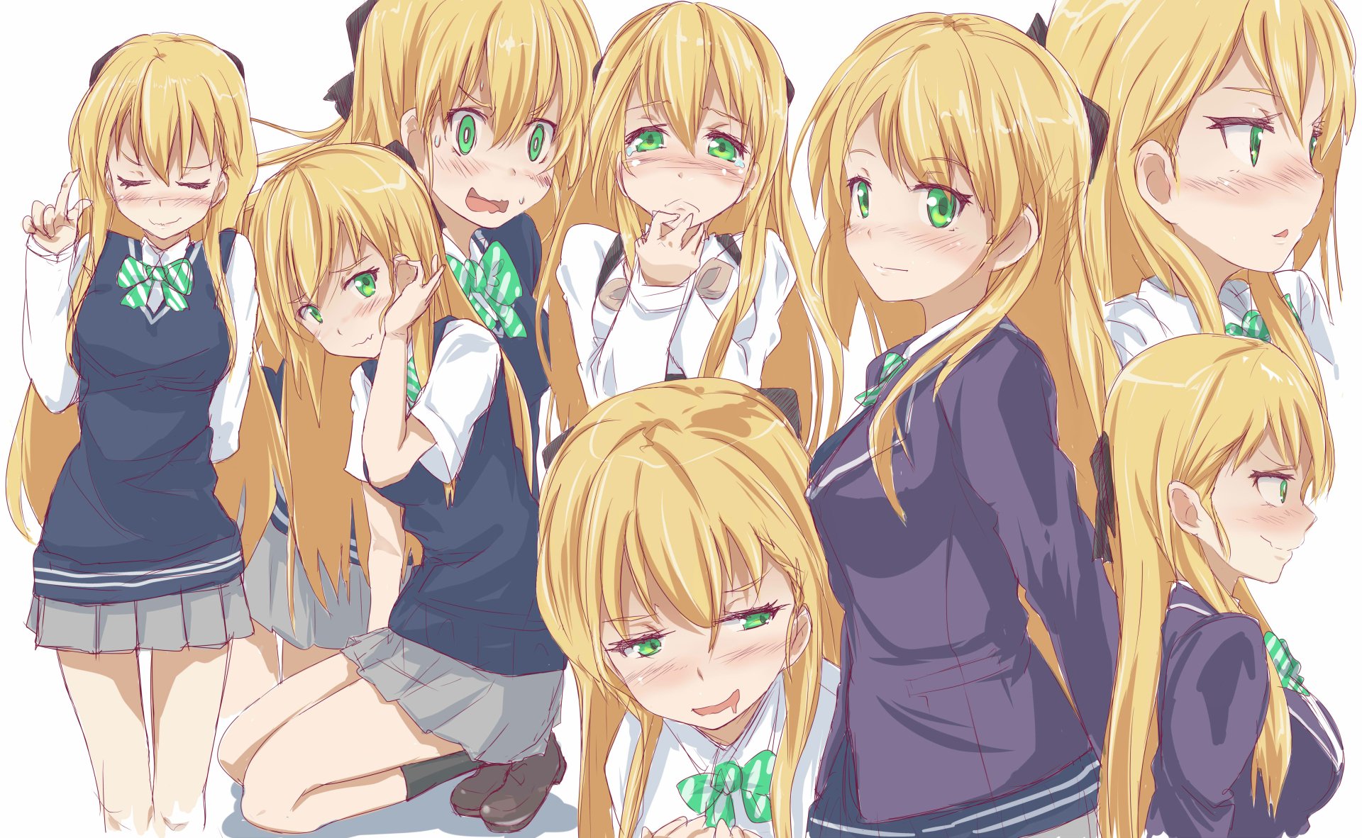 A 4K Ultra HD anime wallpaper featuring Karen Tendou with green eyes and blonde hair in various poses wearing a school uniform, highlighting her gamer persona.