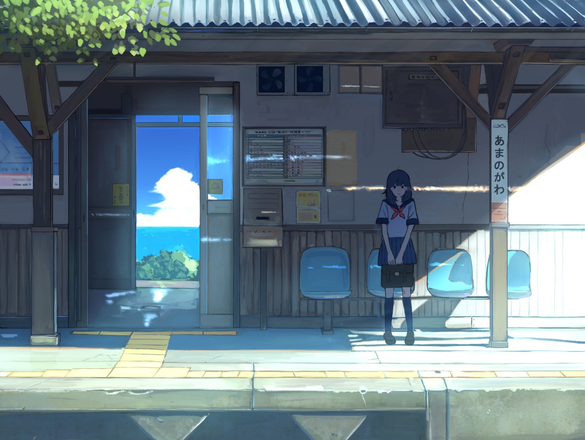 HD anime wallpaper depicting a peaceful train station scene, featuring a girl in a school uniform standing alone on the platform, with a clear blue sky and ocean visible through the station's open door.