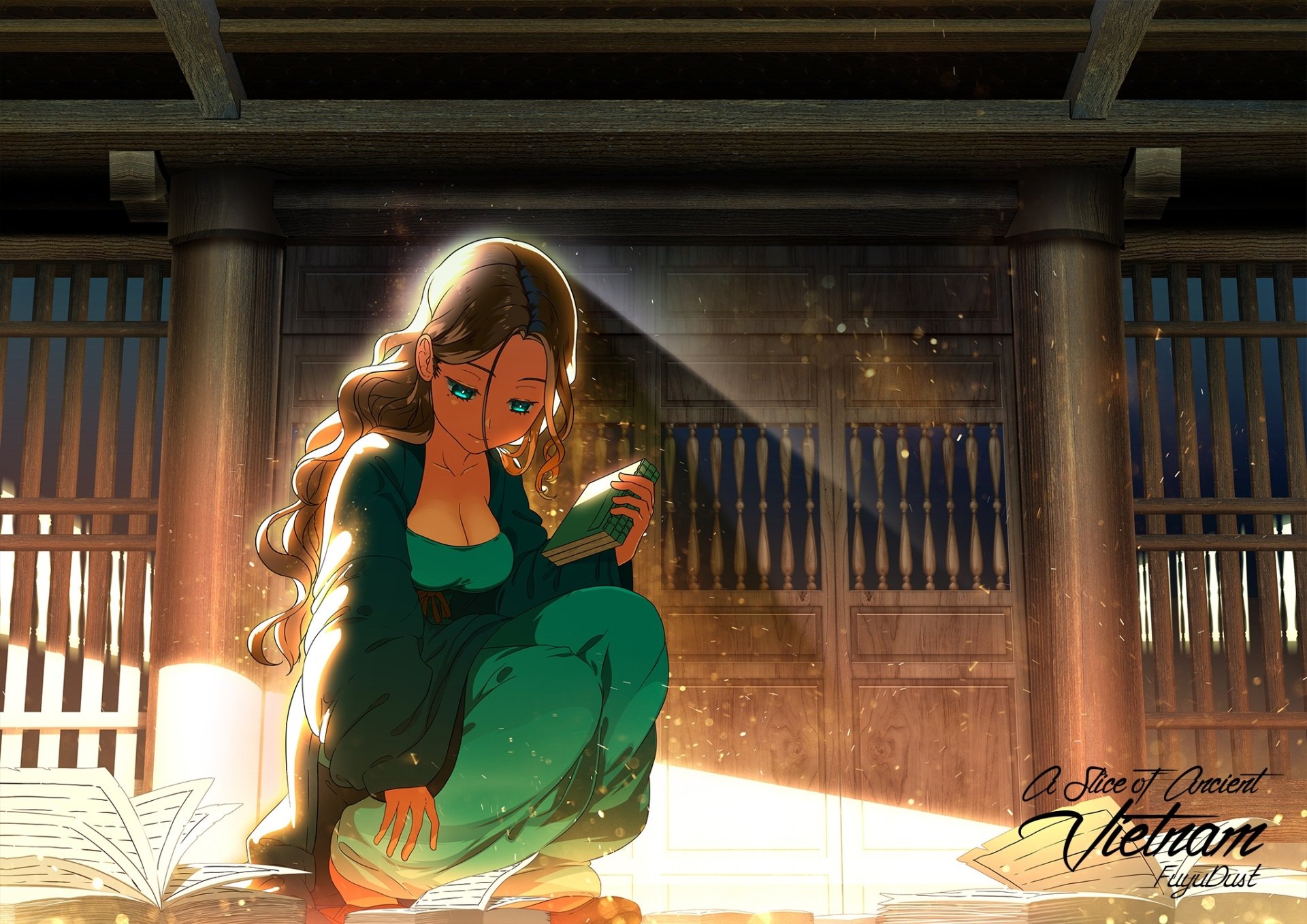 HD anime original artwork featuring a contemplative woman in a green outfit, illuminated by warm sunlight inside a traditional wooden room, designed as a PC desktop wallpaper.