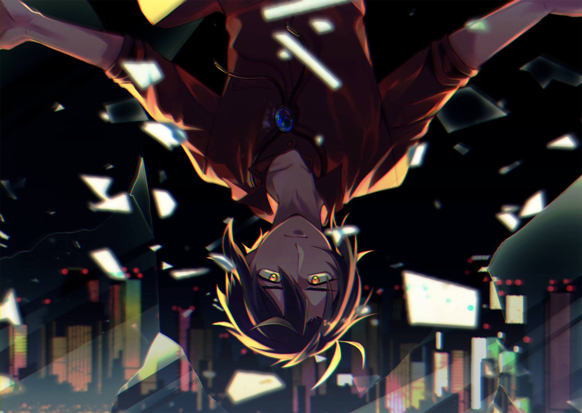 Anime-style original artwork featuring a character with glowing eyes upside down against a shattered glass and cityscape background, designed as an HD PC desktop wallpaper.