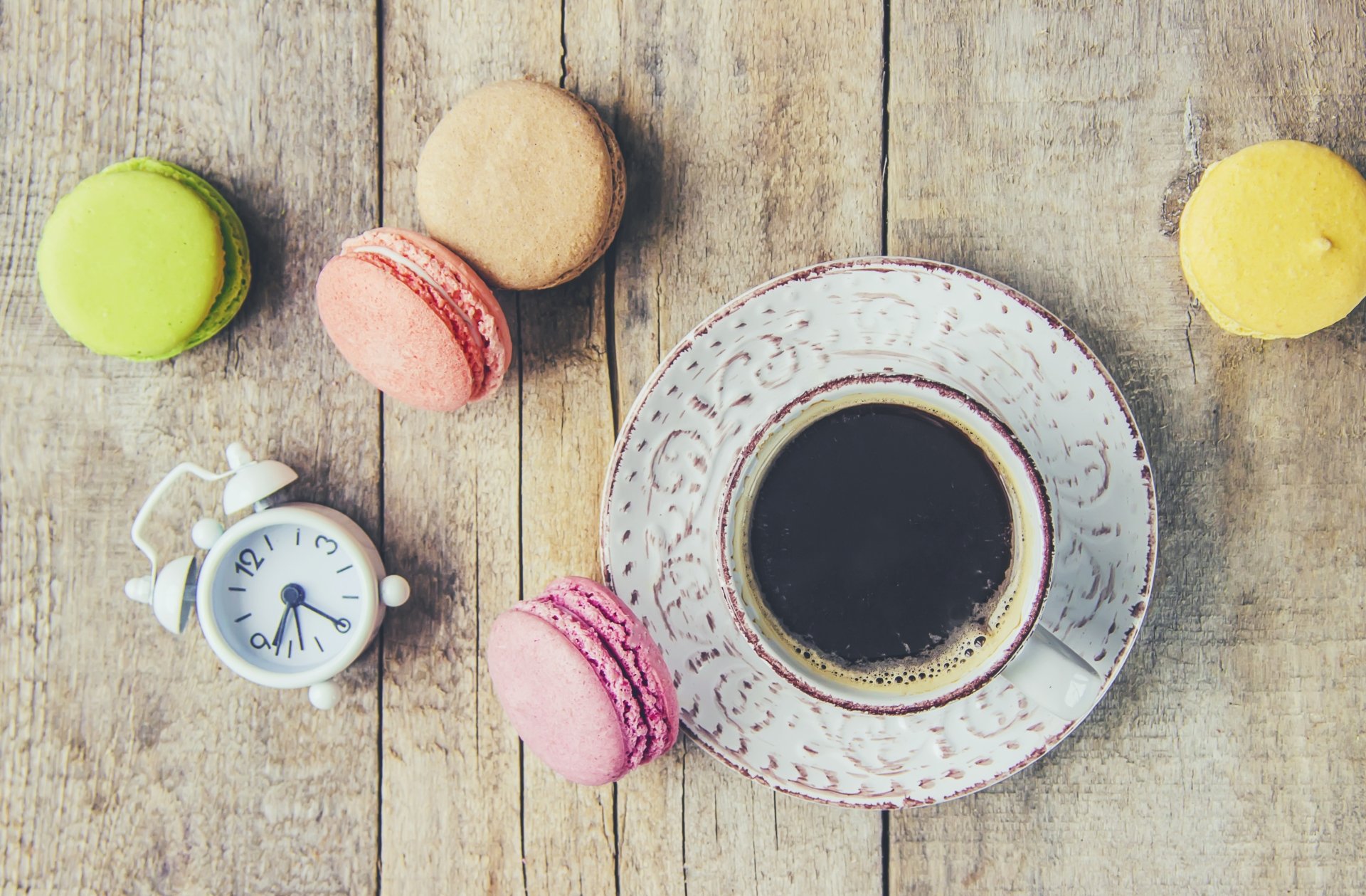 Download Alarm Clock Still Life Sweets Macaron Cup Food Coffee 4k Ultra HD Wallpaper