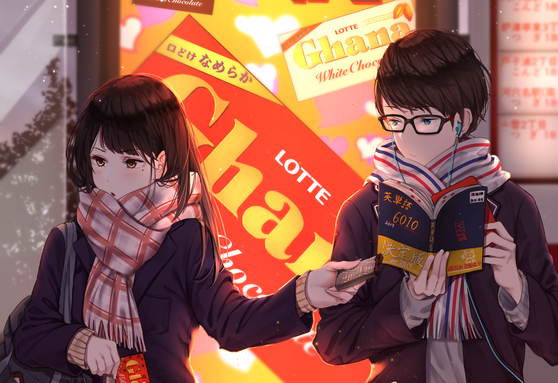 Anime wallpaper of a brunette character with blue eyes wearing a scarf and earbuds, sharing chocolate with another character wearing glasses and reading a book, set against a colorful background.