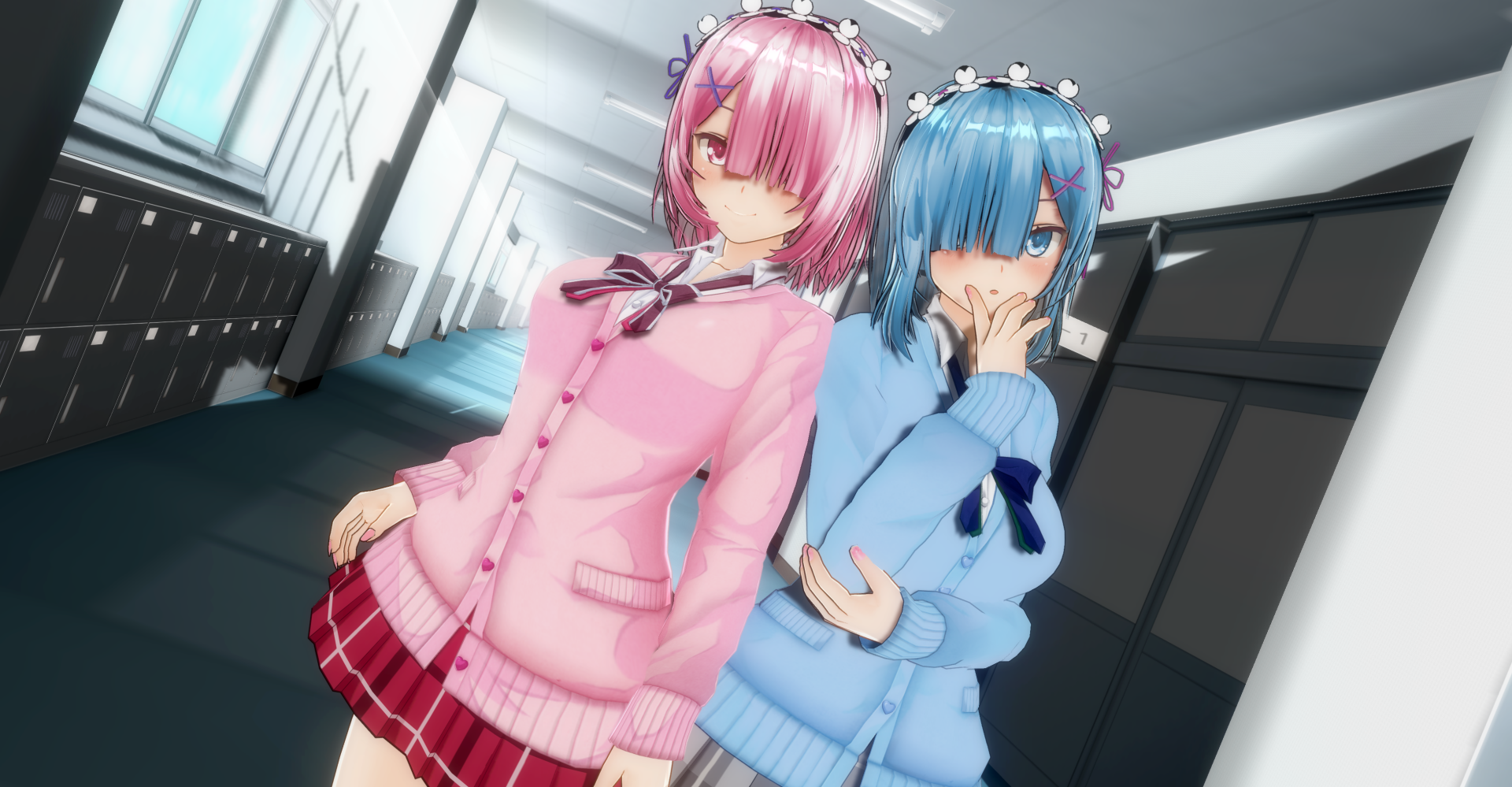 Download Short Hair Pink Eyes Blue Eyes Pink Hair Blue Hair Ram (Re:ZERO) Rem (Re:ZERO) Anime Re:Zero - Starting Life In Another World HD Wallpaper by 紫月