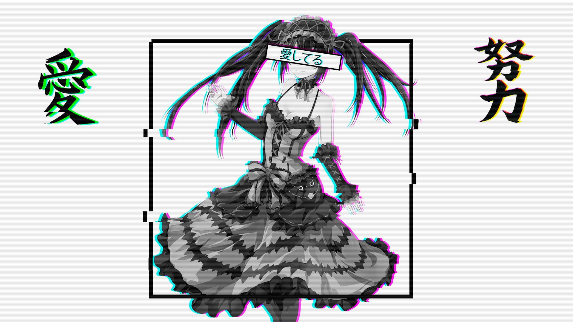 HD wallpaper of Kurumi Tokisaki from the anime Date A Live, featuring her in a stylish black and white dress with vibrant accents, surrounded by stylized Japanese text.