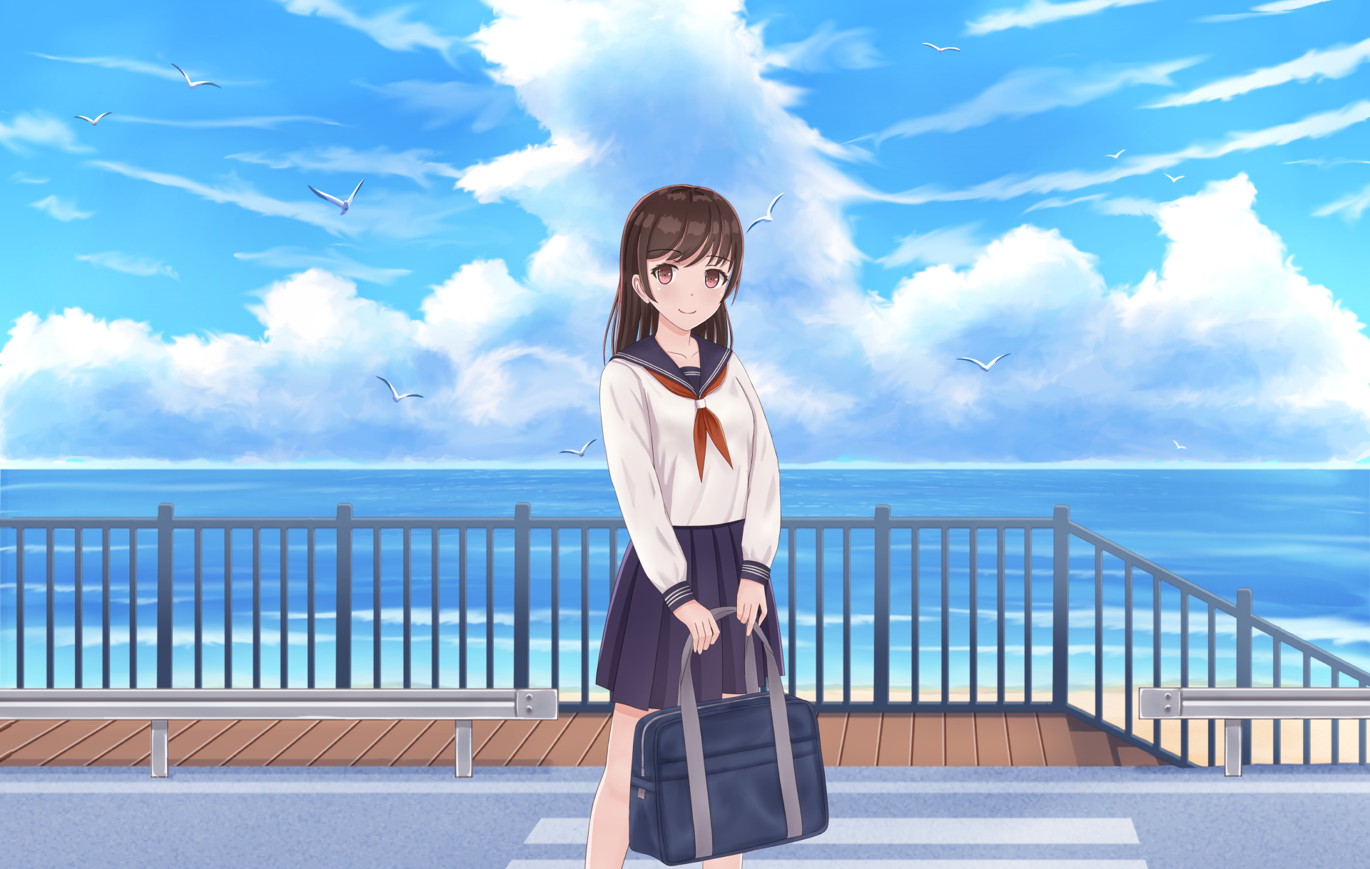 Anime-style 4K wallpaper featuring a brown-haired girl with long hair and pink eyes in a school uniform holding a bag, standing by a railing under a bright sky with clouds and birds.