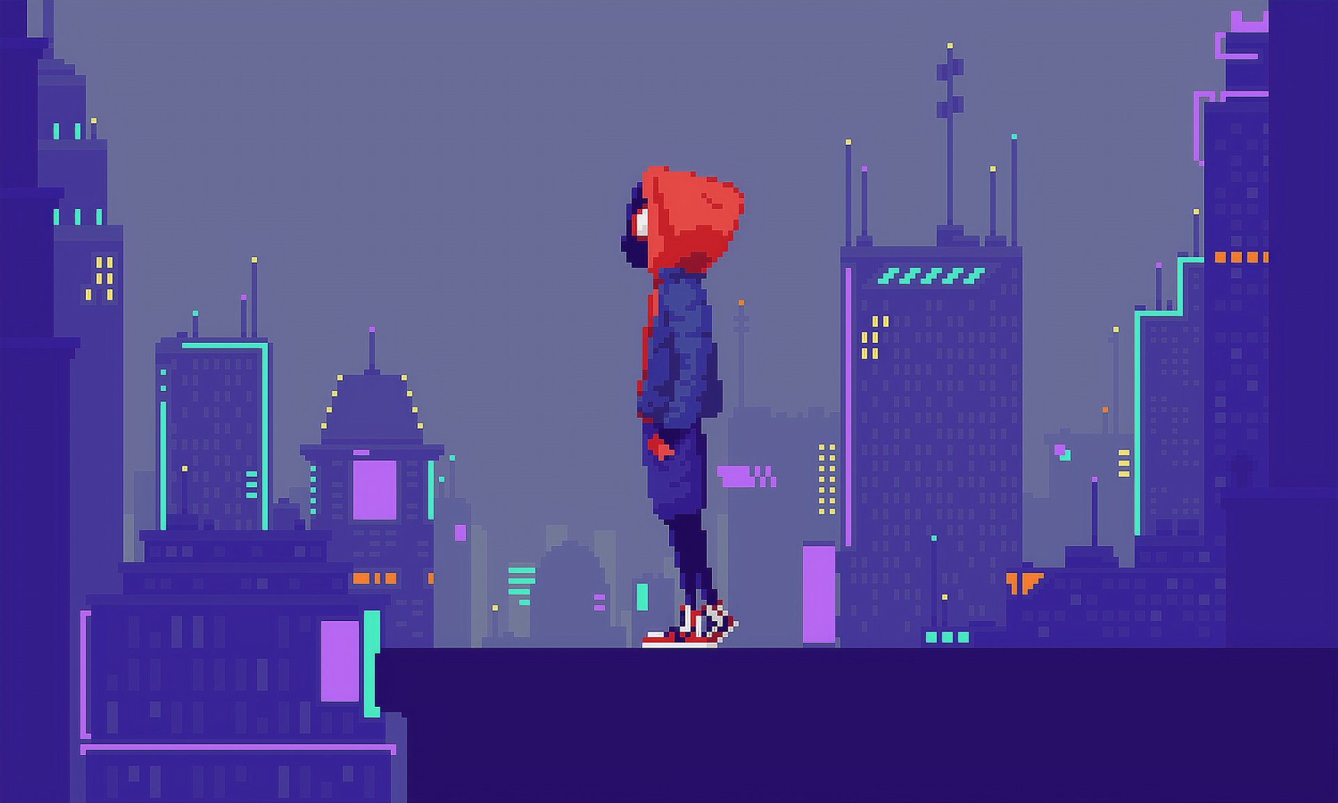 Pixel art image of Miles Morales from the movie Spider-Man: Into The Spider-Verse standing on a rooftop, with a cityscape in the background. HD desktop wallpaper and background.