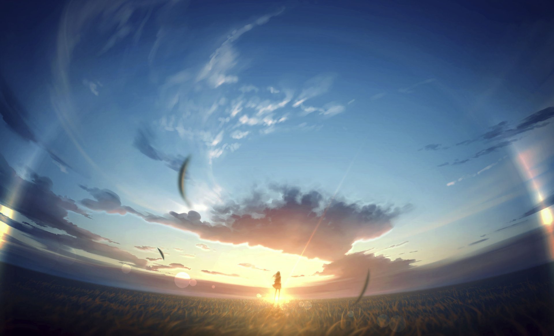 Anime-style HD wallpaper featuring a breathtaking sunrise over a vast field, with a dynamic sky and streaming light rays.