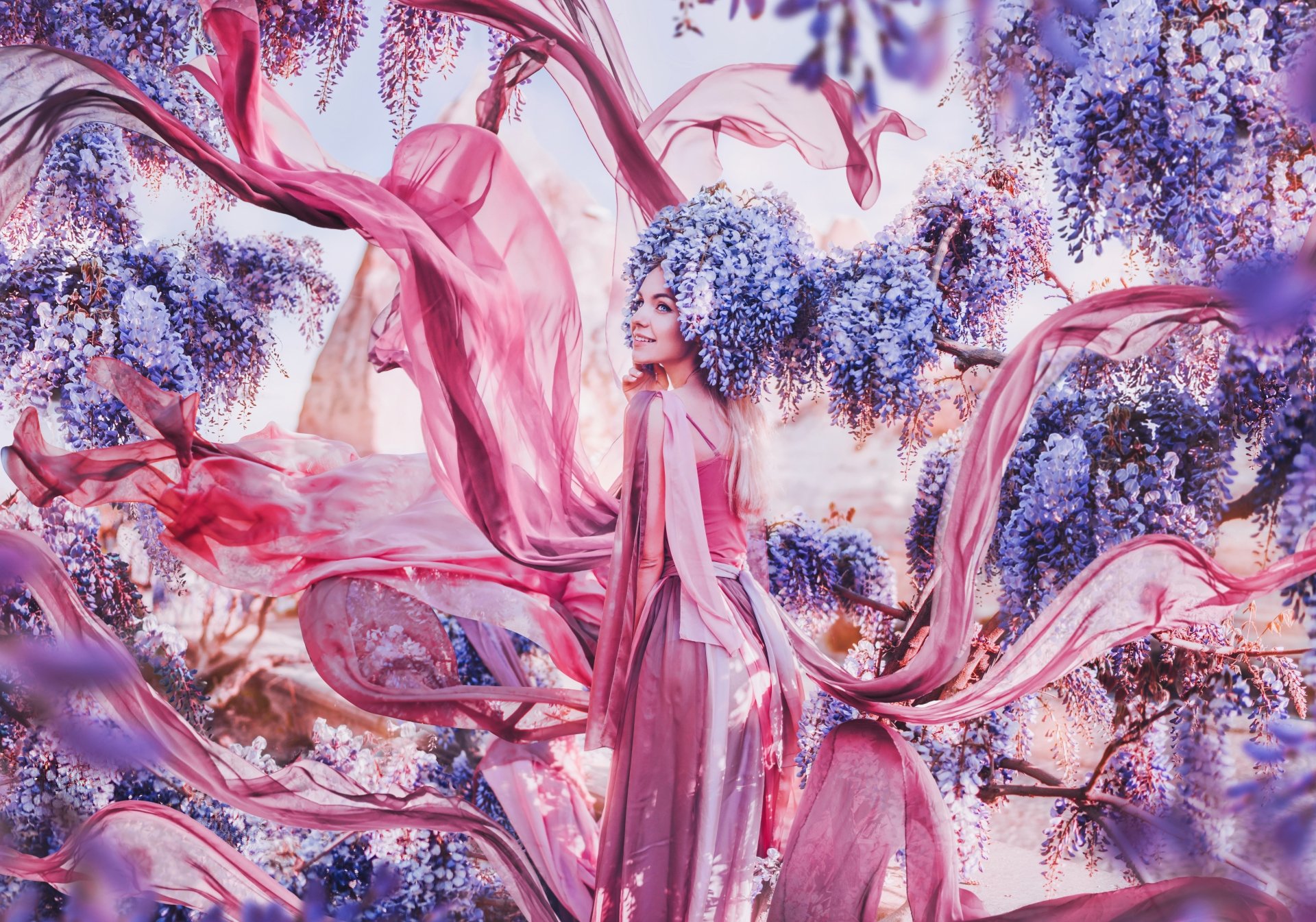 Download Mood Pink Dress Wisteria Dress Flower Woman Model 8k Ultra HD Wallpaper by Kristina Makeeva