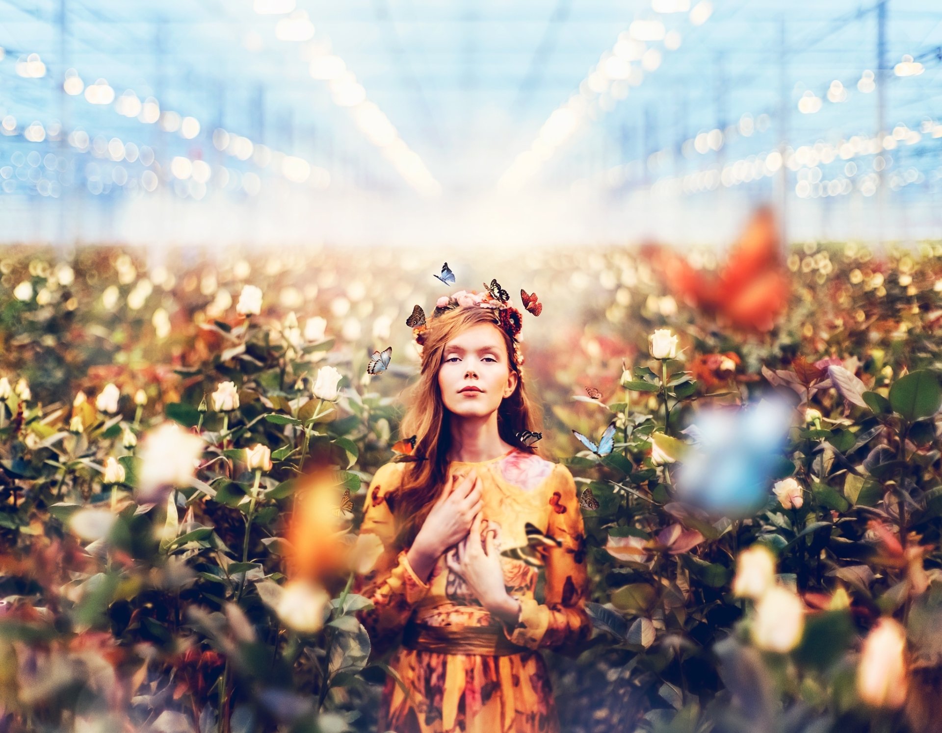 Download Long Hair Depth Of Field Greenhouse Redhead Dress Butterfly Woman Model HD Wallpaper