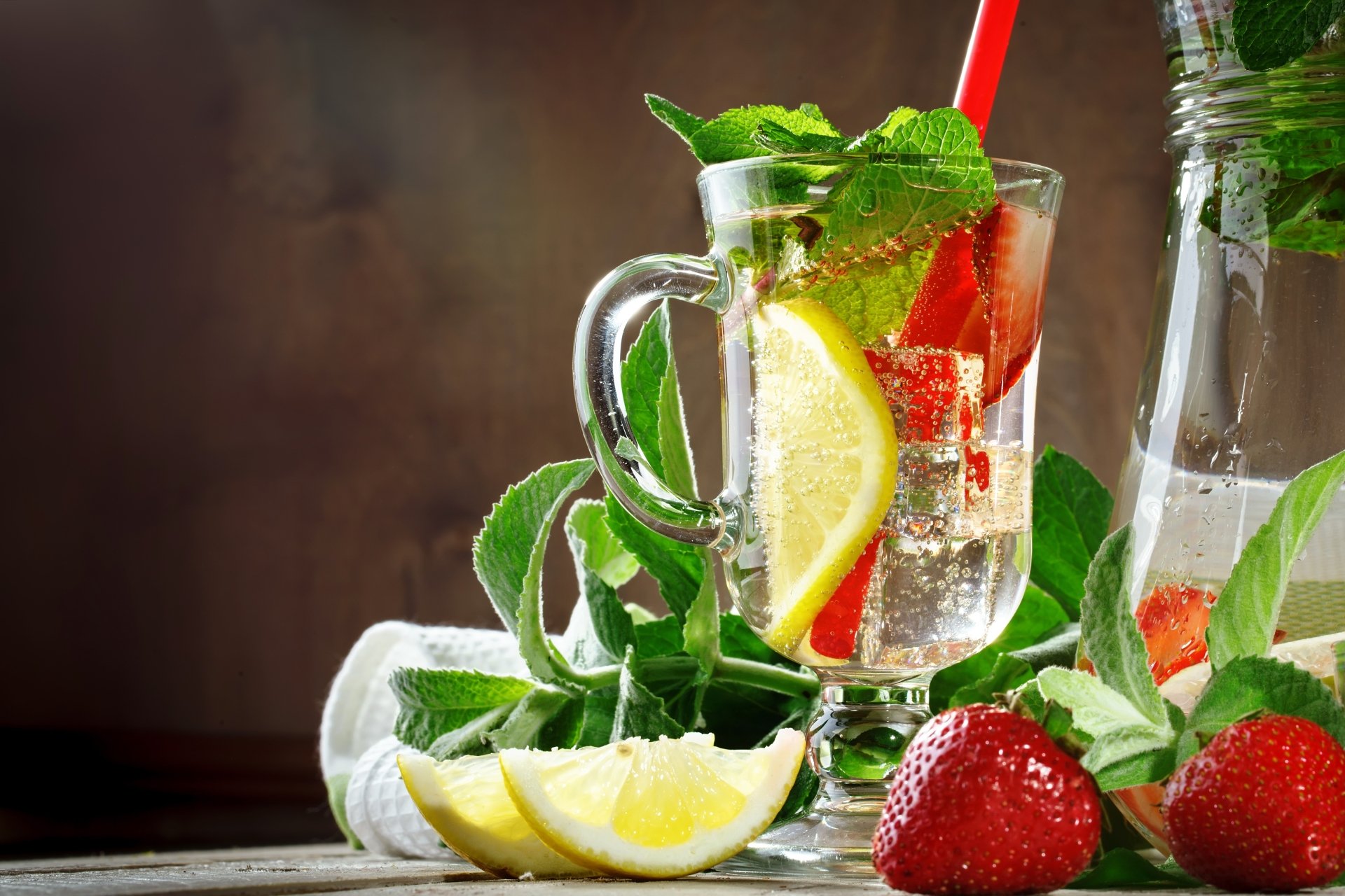 Download Glass Fruit Strawberry Mint Lemon Lemonade Food Drink 4k Ultra HD Wallpaper