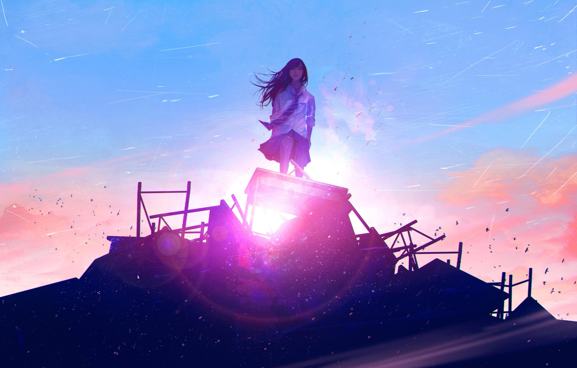 Anime-style image showing a figure on a wooden structure, bathed in vibrant sunset hues against a serene sky. The HD wallpaper captures a calming yet powerful scene.