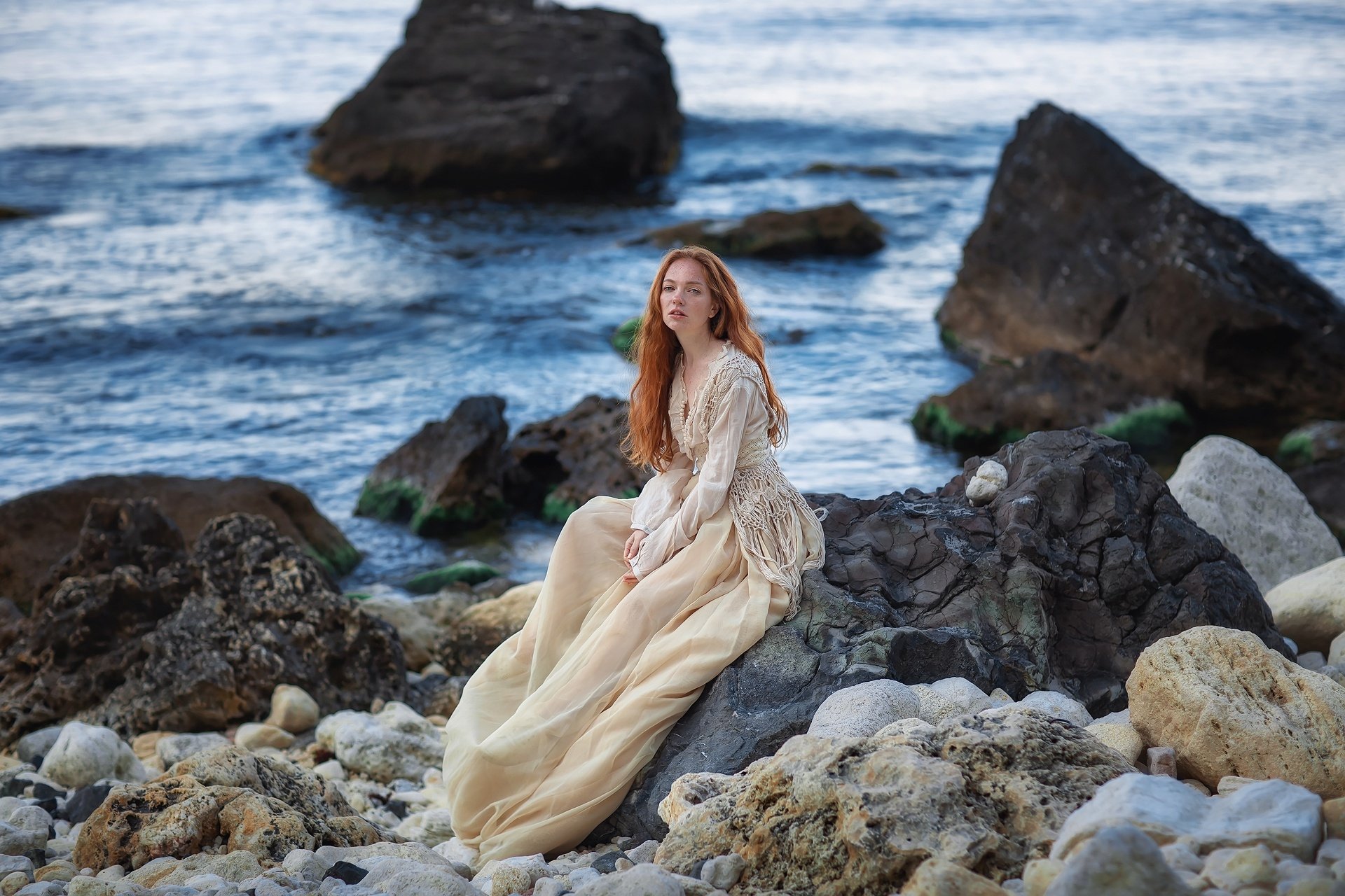 Download White Dress Long Hair Redhead Woman Model HD Wallpaper by Anastasia Barmina