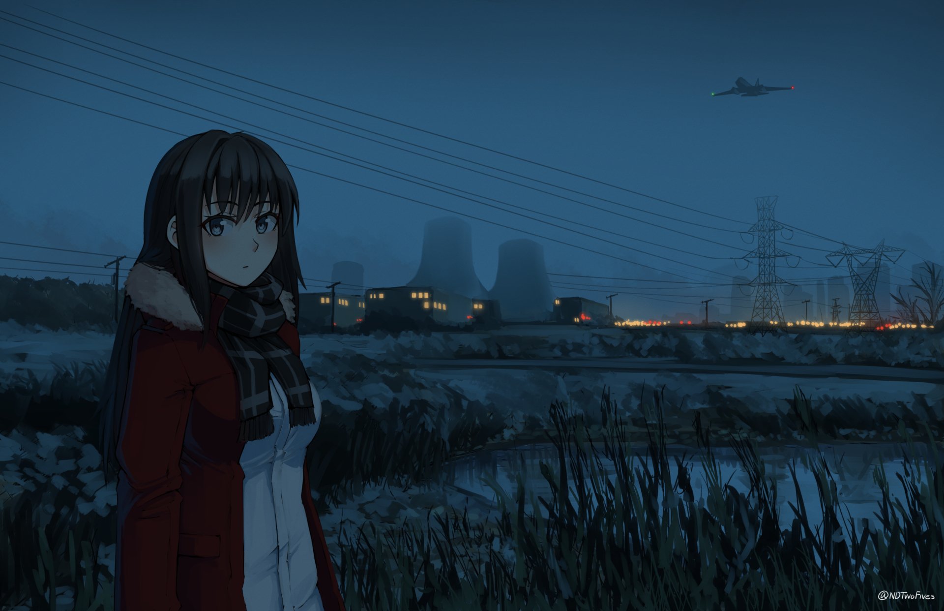 A HD anime wallpaper featuring a character with long hair and blue eyes, set against a night scene with industrial buildings and power lines in the background.