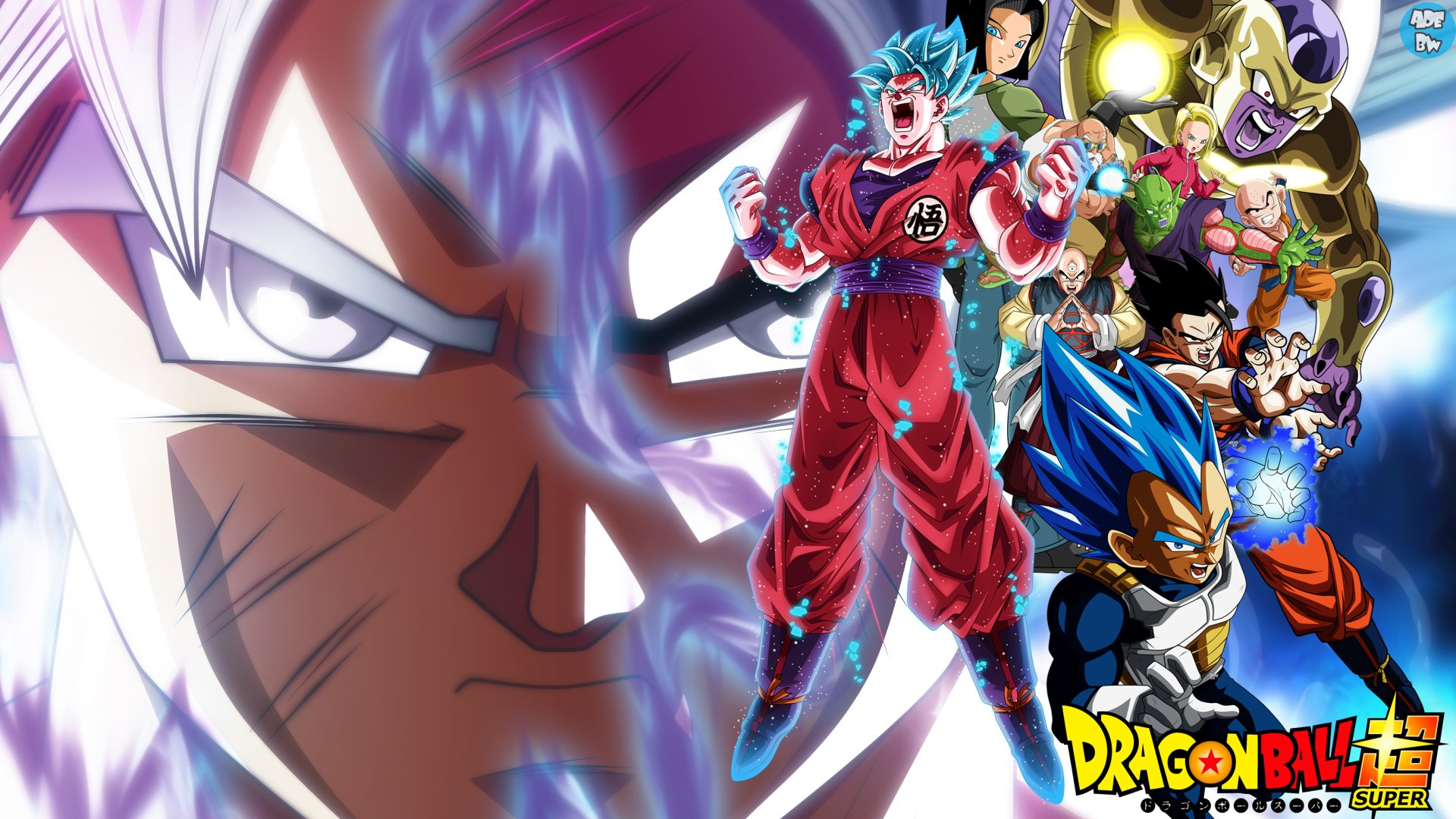 HD PC desktop wallpaper featuring Goku and other characters from the Dragon Ball Super anime, showcasing vibrant colors and dynamic poses in an action-packed design.