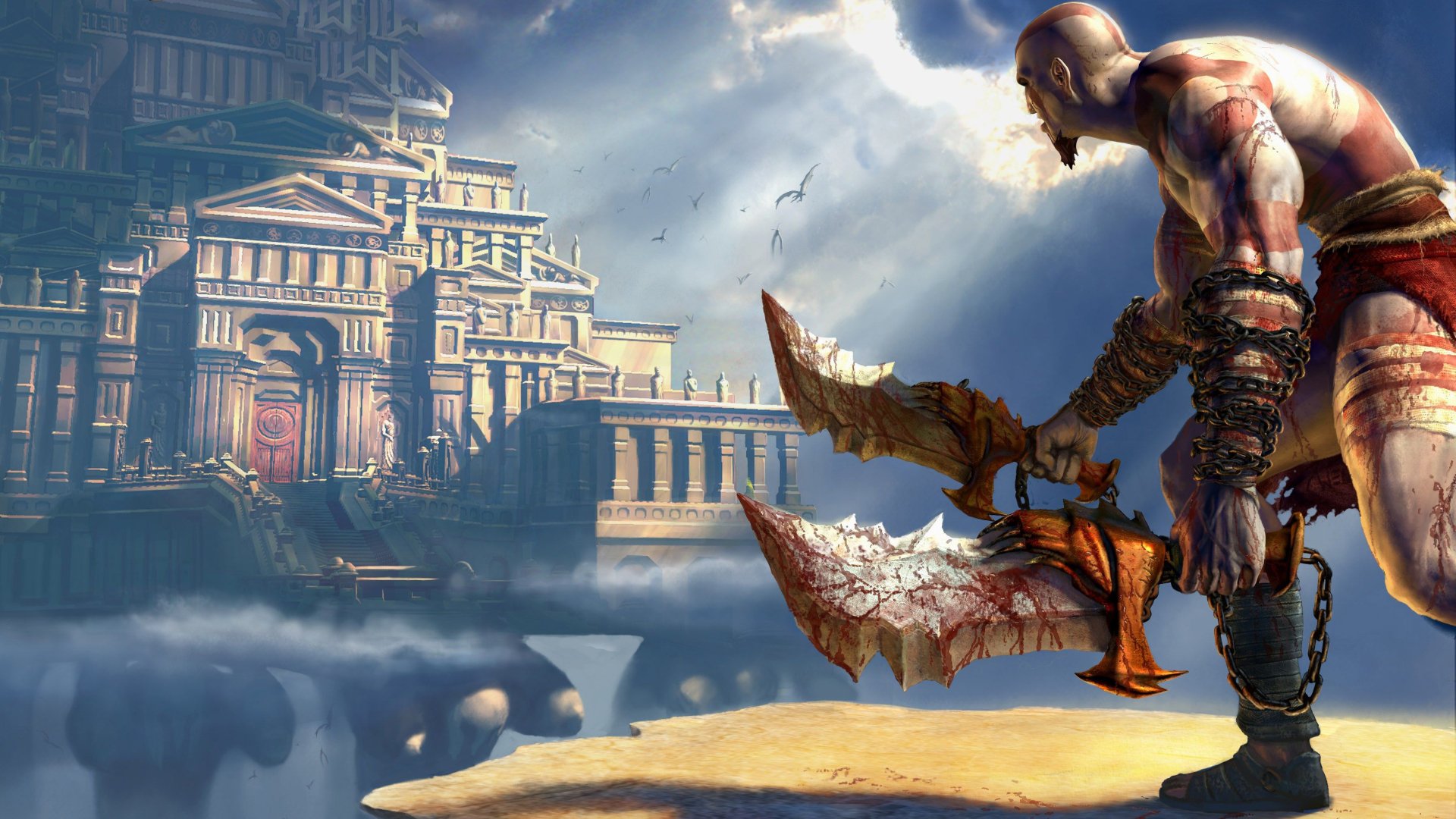 HD desktop wallpaper featuring Kratos, the warrior from the video game God of War, overlooking an ancient, majestic temple. Kratos holds his iconic Blades of Chaos, ready for battle.