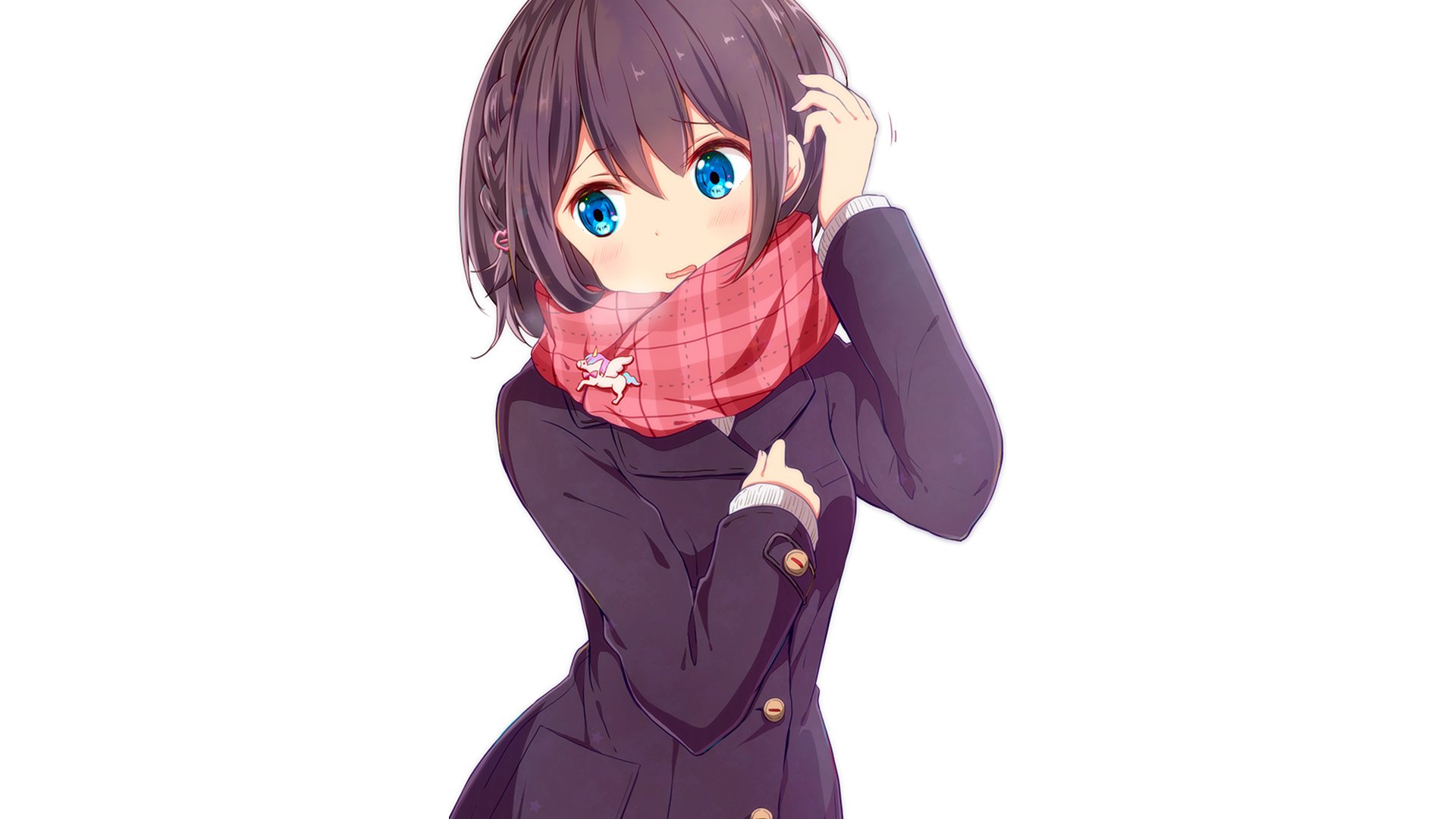 An original HD anime wallpaper featuring a girl with short brown hair, blue eyes, and a pink scarf, set against a plain white background.