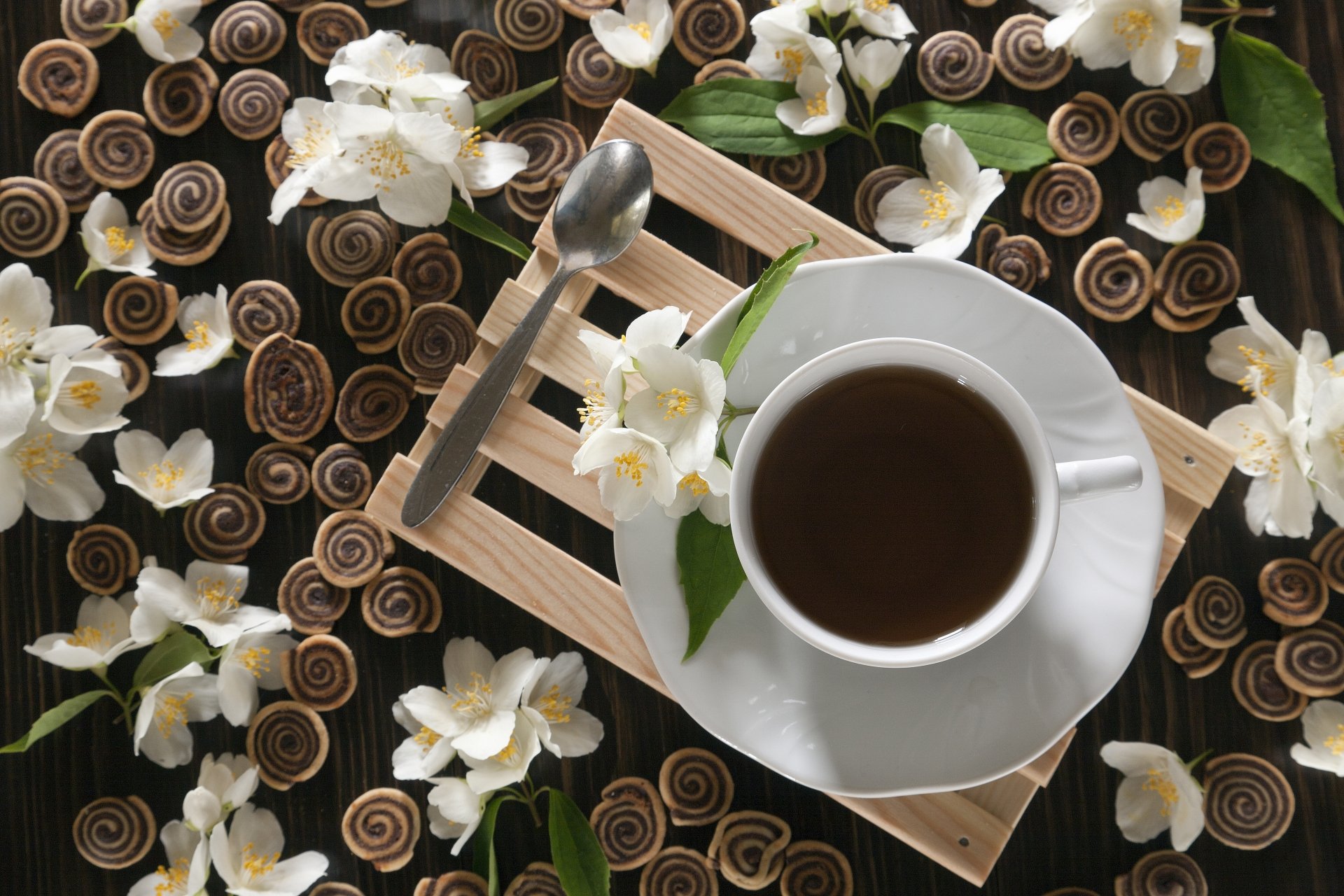 Download Still Life White Flower Jasmine Cup Cookie Food Tea 4k Ultra HD Wallpaper