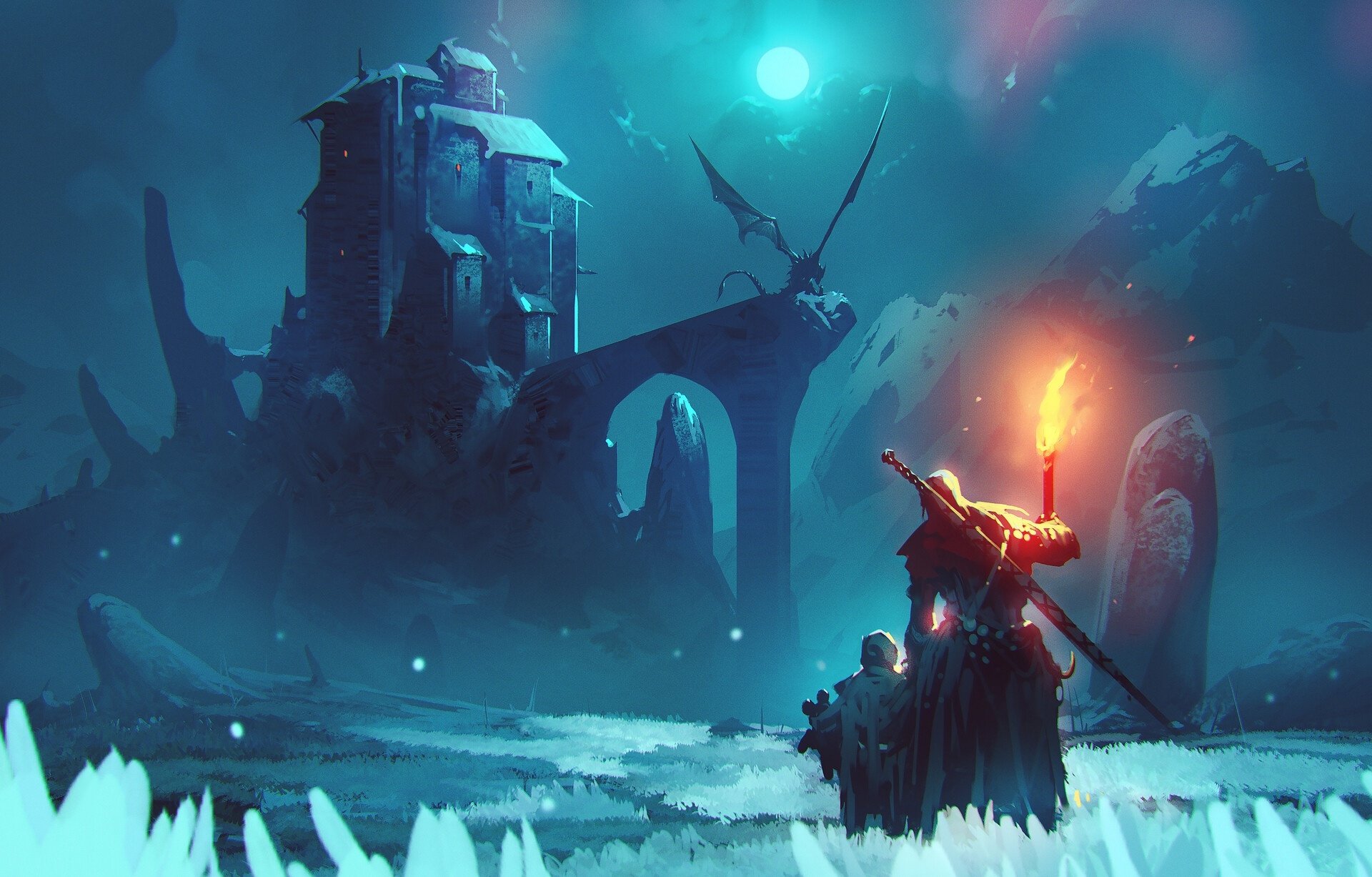 A fantasy warrior holds a torch at night near a castle, facing a dragon in a mystical, dark landscape. This HD PC wallpaper captures a dramatic, epic scene.