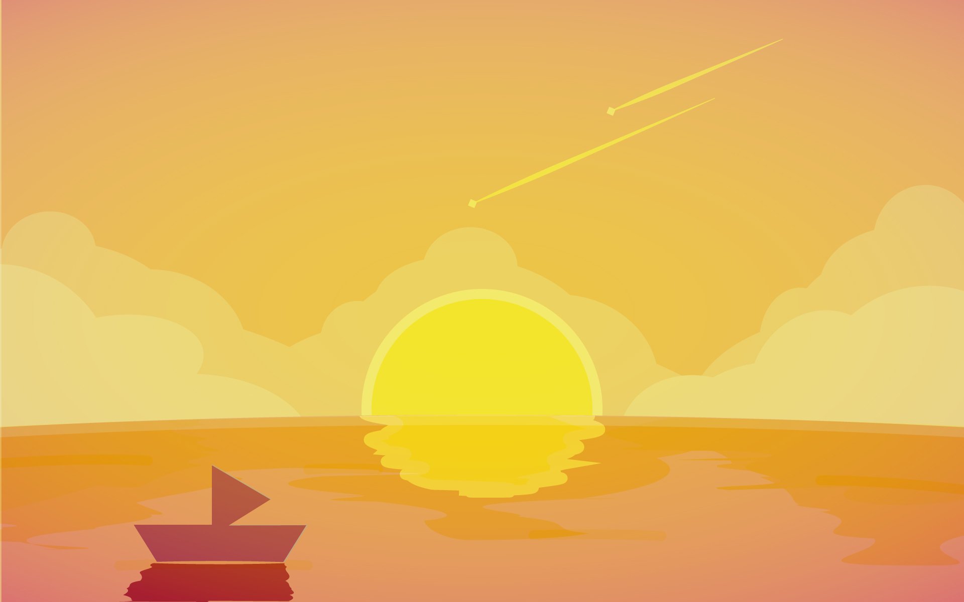Artistic HD desktop wallpaper of a boat floating on the ocean at sunset with a vibrant sky and a shooting star streaking across the horizon.