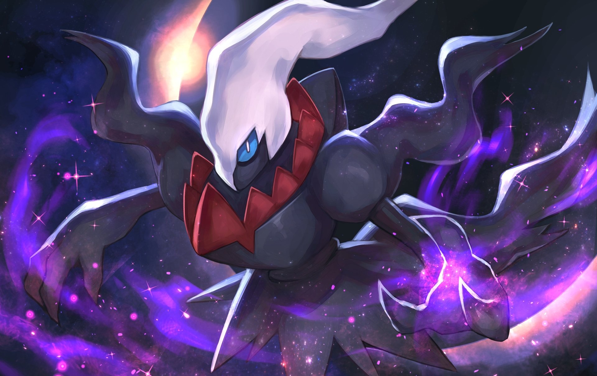 HD PC desktop wallpaper of Darkrai (Pokémon) in anime style: a shadowy figure with white head plume and red collar looming amid swirling purple cosmic mist and starry background.