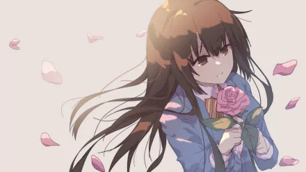 Anime-style HD PC desktop wallpaper featuring Satowa Houzuki from Stop This Sound!, holding a rose with petals gently falling around her.