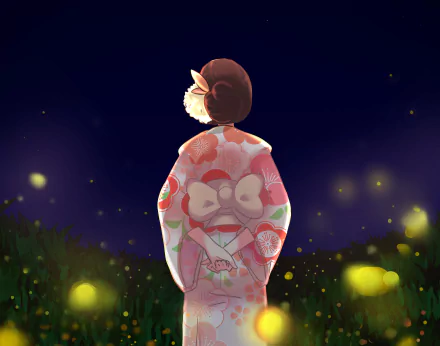 Anime geisha in a floral yukata stands in a firefly-lit night meadow — serene anime night scene; 2K Quad HD PC desktop wallpaper/background, soft glow and pastel tones.