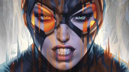 HD PC desktop wallpaper featuring a close-up of Catwoman from DC Comics with striking green eyes and a fierce expression in a detailed comic art style.