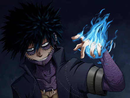 HD PC desktop wallpaper featuring Dabi from My Hero Academia, showcasing his dark design and blue flames in an intense anime style.