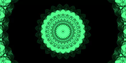 Abstract green kaleidoscope pattern — concentric mandala of neon-green rings on black; 4K Ultra HD PC desktop wallpaper background.