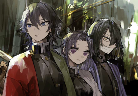 HD anime wallpaper featuring three characters from Demon Slayer: Kimetsu no Yaiba with detailed expressions and a forest background.