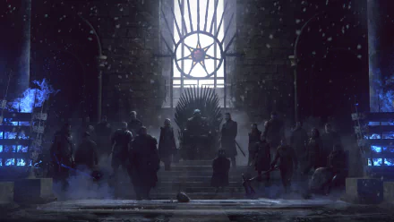 HD wallpaper of the iconic Iron Throne from the TV show Game of Thrones, featuring characters standing in a dimly lit, snowy hall.